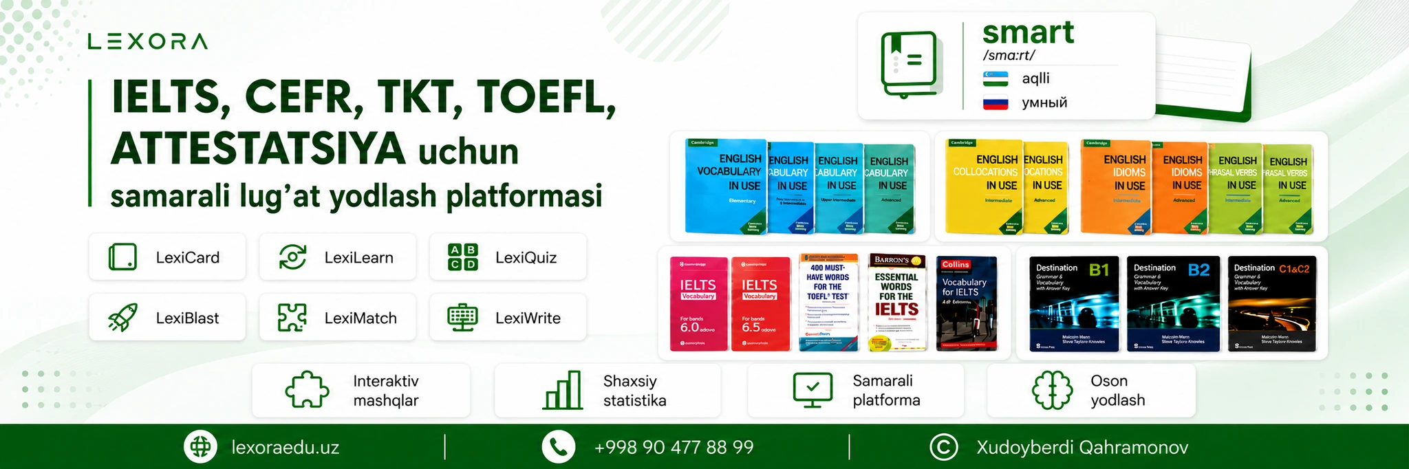 Lexora — IELTS, CEFR, TKT, TOEFL va attestatsiya uchun samarali lug'at yodlash platformasi